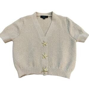 Zara Starfish Button Cardigan XS Tan Short Sleeve Cropped Textured Knit Coastal